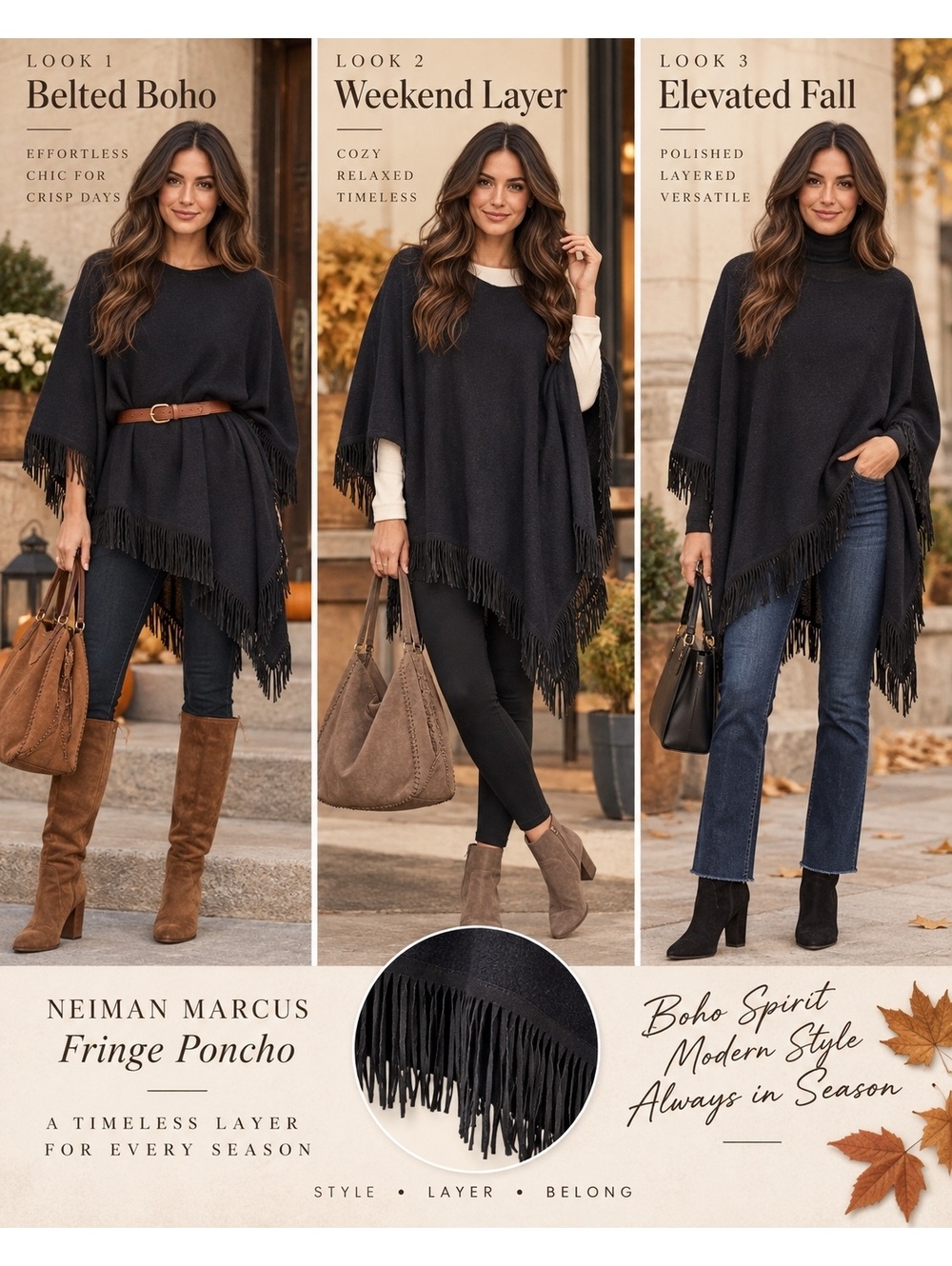 Neiman Marcus Fringe Poncho One Size Suedette Trim Black Viscose Poly Nylon Boho